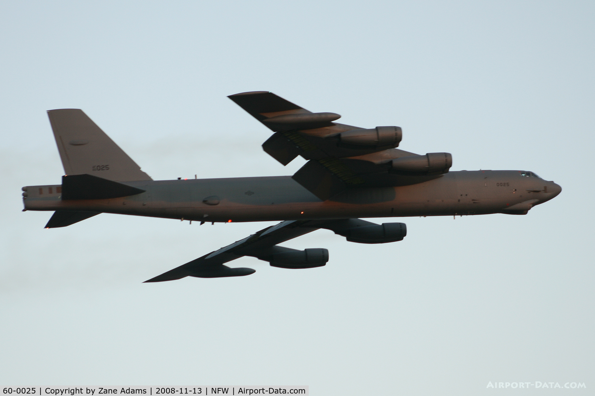 60-0025, 1960 Boeing B-52H Stratofortress C/N 464390, Departing NASJRB Fort Worth at dusk. ( Thanks Cam! )