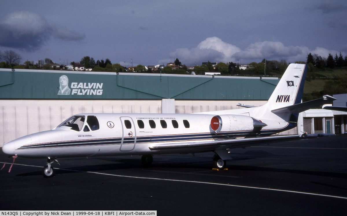 N143QS, 1987 Cessna S550 Citation IIS Citation IIS C/N S550-0143, KBFI (S550-0143 seen here registered N1VA of the Commonwealth of Virginia is currently owned by Aerocardal in Chile and posted here for C/N accuracy as N143QS of Netjets the original Cessna factory reg was N1295N)