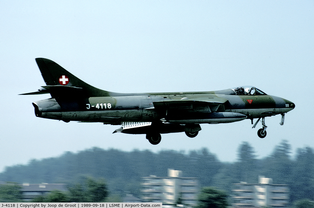J-4118, Hawker Hunter F.58A C/N HABL-003052, During 1989 we made our first trip into Switzerland. We saw lots of aircraft that were hardly seen in Europe. The Hunters were among these.