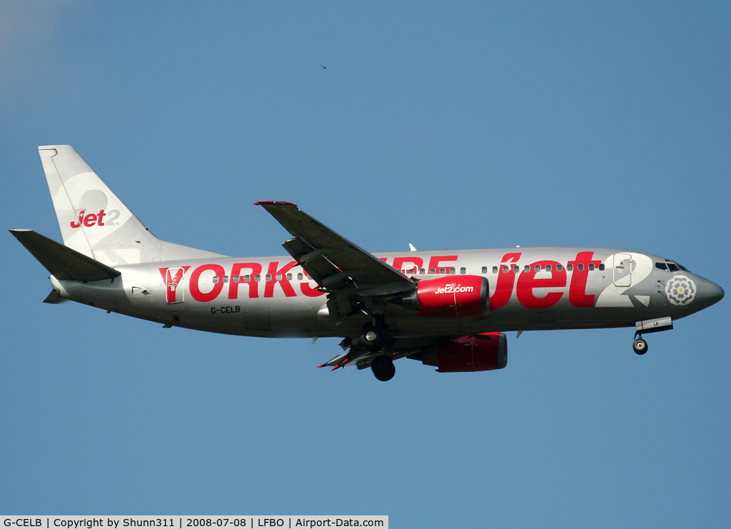 G-CELB, 1986 Boeing 737-377 C/N 23664, Landing rwy 32L with 'Yorkshire' titles...