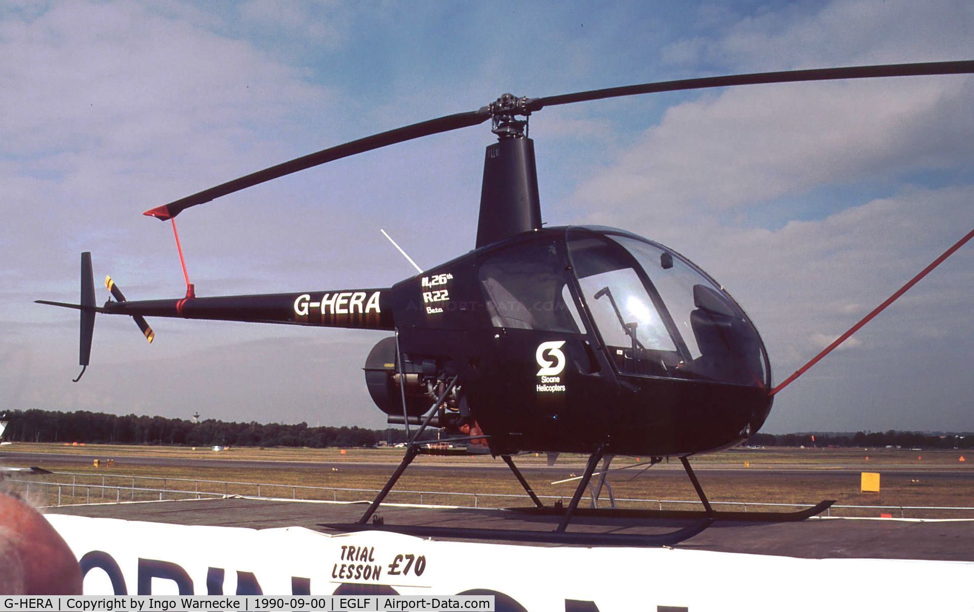 G-HERA, 1990 Robinson R22 Beta C/N 1426, Robinson R22 Beta of Sloane Helicopters at Farnborough International 1990