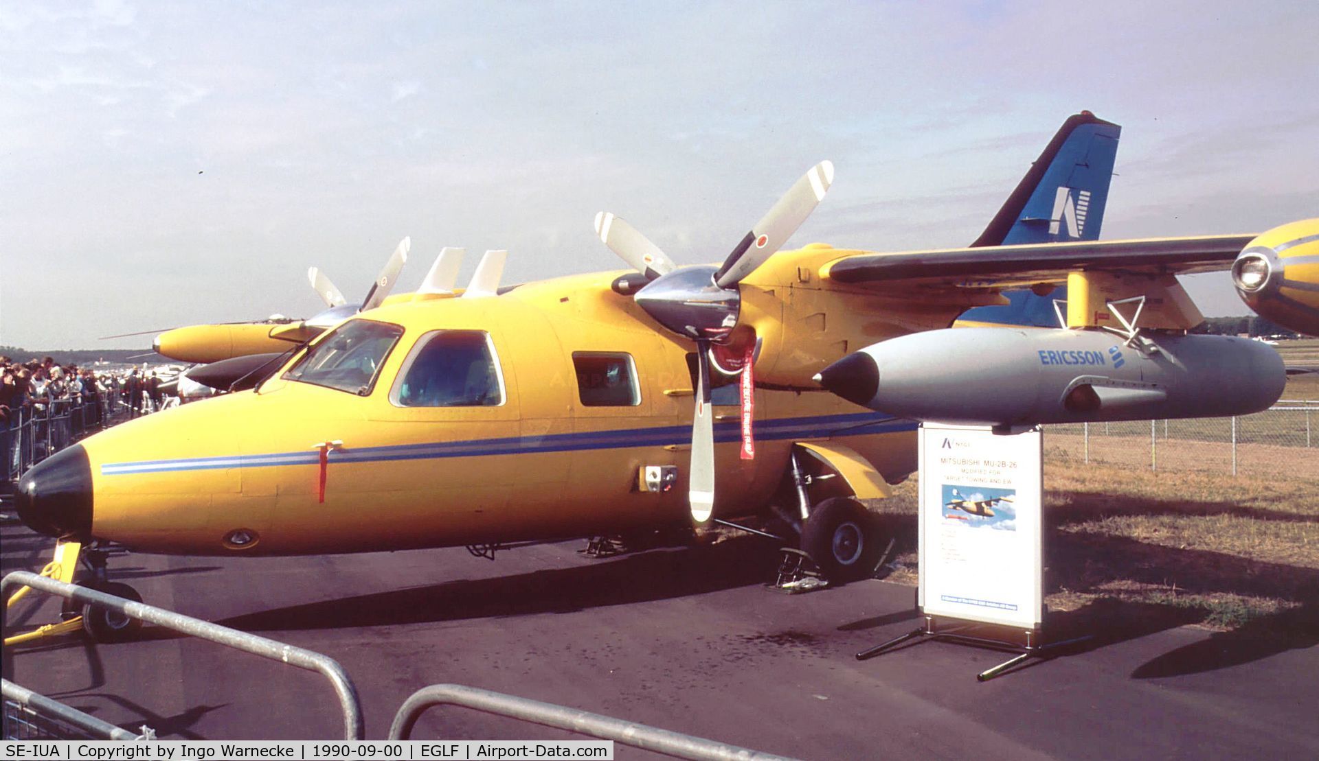 SE-IUA, 1976 Mitsubishi MU-2B-26 C/N 345, Mitsubishi MU-2B-26 of NYGE for traget towing at Farnborough International 1990