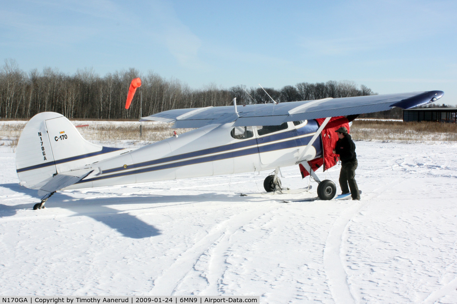 N170GA, 1951 Cessna 170A C/N 19948, Arriving at Benson's Airport on skis. 1951 Cessna 170A c/n 19948 
