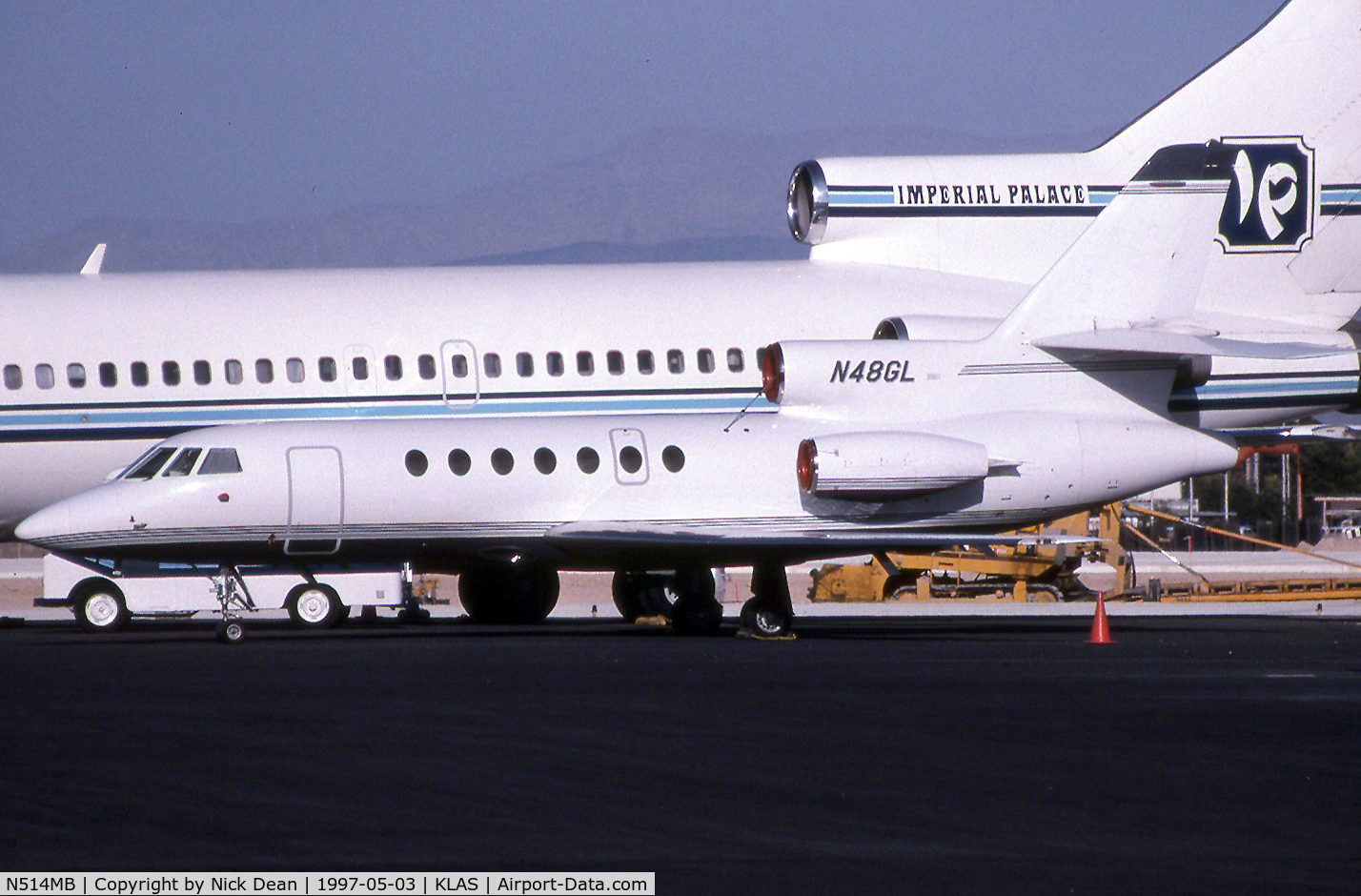 N514MB, 1986 Dassault Falcon 50 C/N 168, Seen here as N48GL dwarfed by the Imperial Palace B727 N7221P this airframe is currently registered n514MB as posted