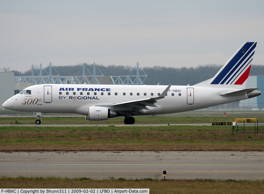 F-HBXC, 2008 Embraer 170ST (ERJ-170-100ST) C/N 17000263, Lining up rwy 32R for departure with additional '500th' sticker
