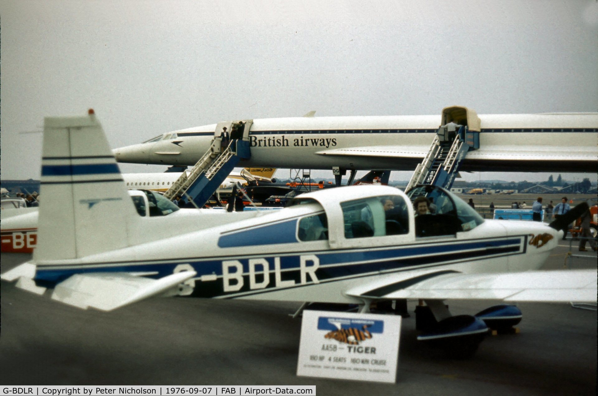 G-BDLR, 1975 Grumman American AA-5B Tiger C/N AA5B-0128, This Tiger was displayed at the 1976 Farnborough Airshow.