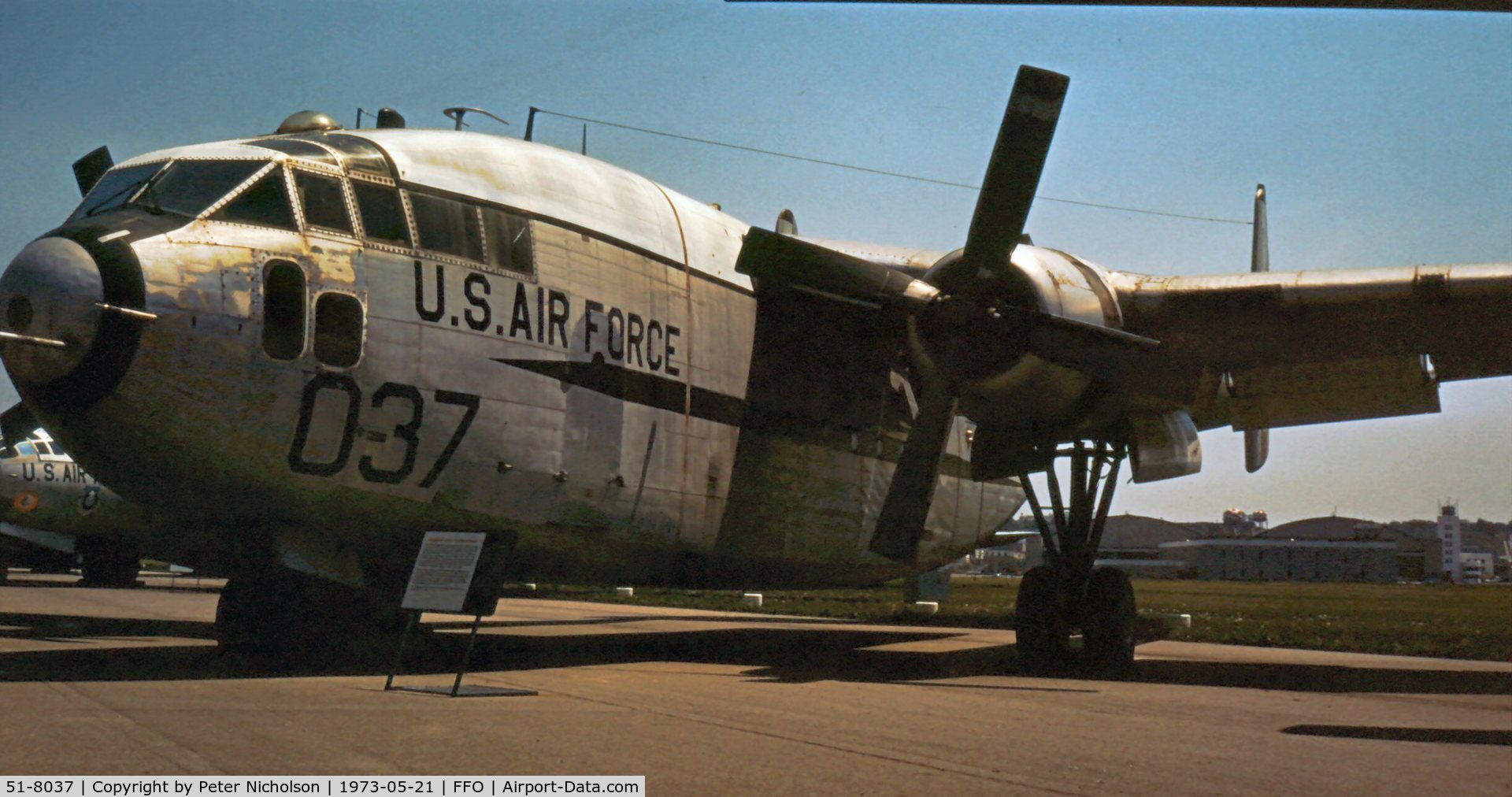51-8037, 1951 Fairchild C-119J-FA Flying Boxcar C/N 10915, As displayed in the summer of 1973.