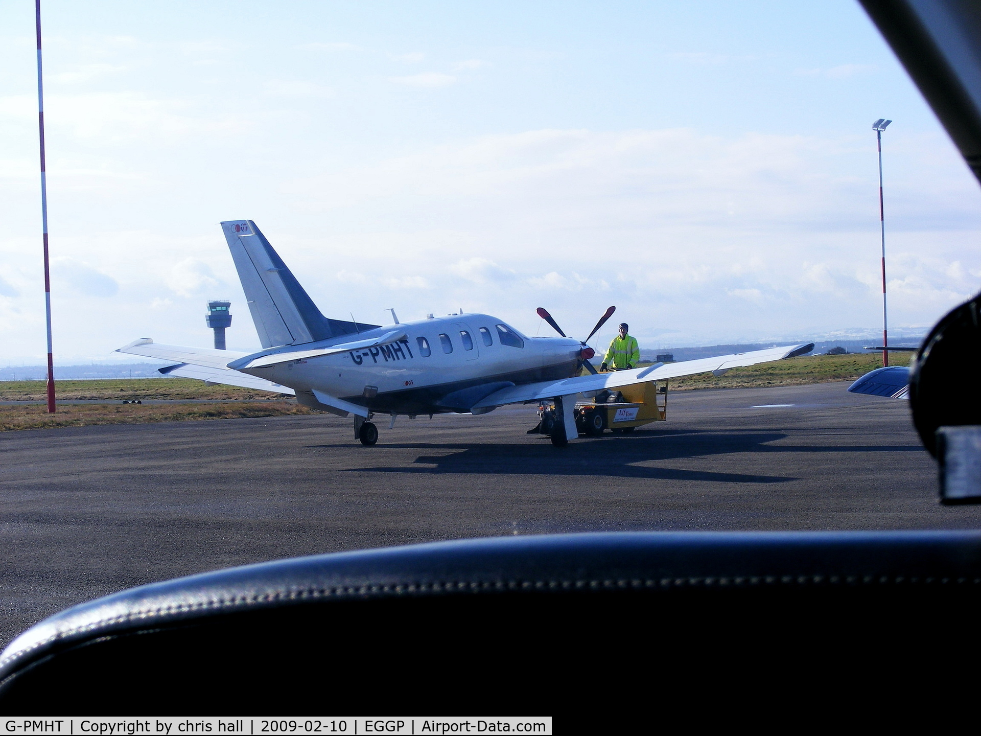 G-PMHT, 2008 Socata TBM-700N C/N 440, on the apron at Liverpool, taken from G-BNJT