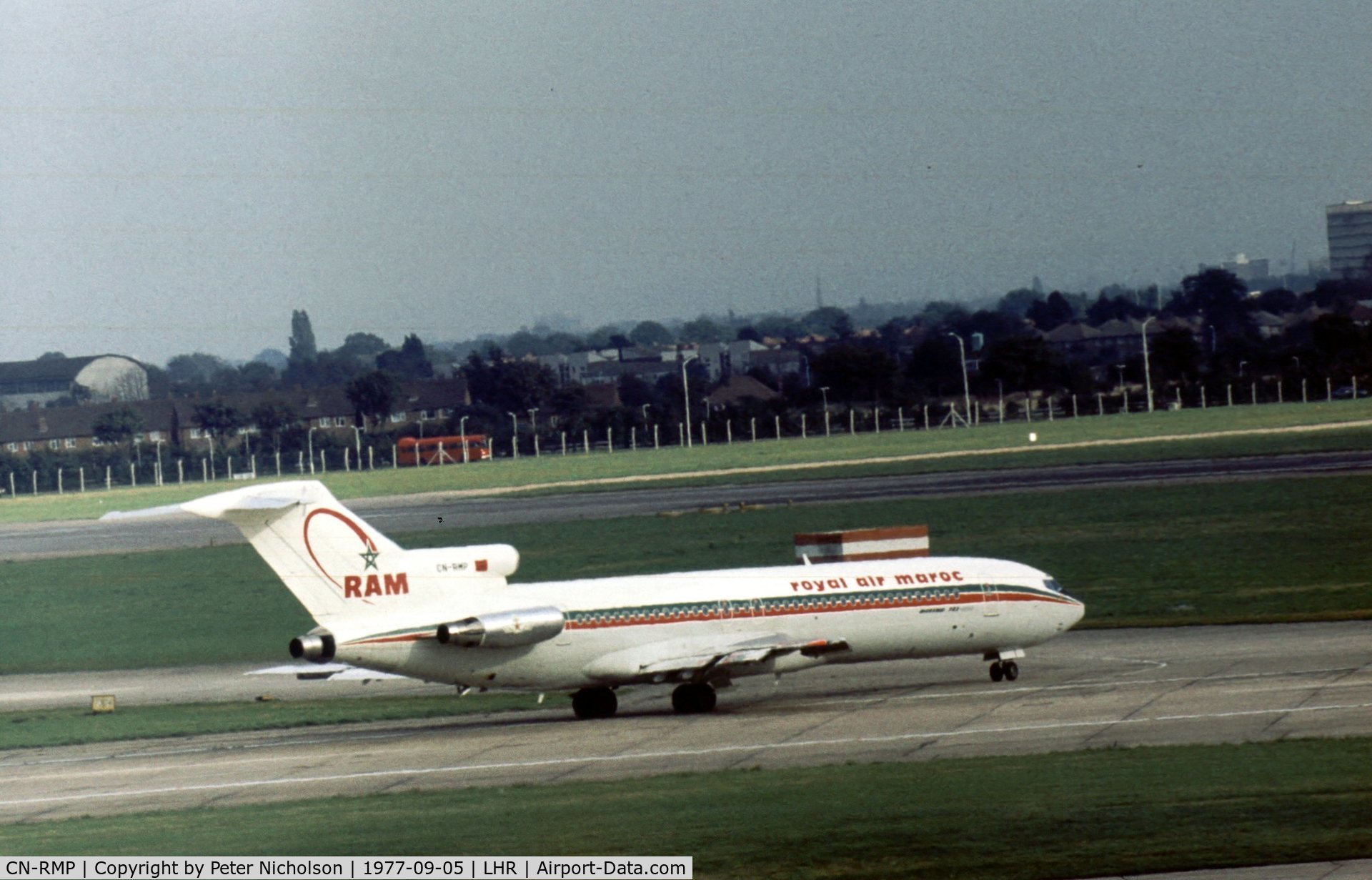 CN-RMP, 1977 Boeing 727-2B6 C/N 21298, Before conversion to freighter configuration, this 727 served with RAM Royal Air Maroc as seen at London Heathrow in September 1977.