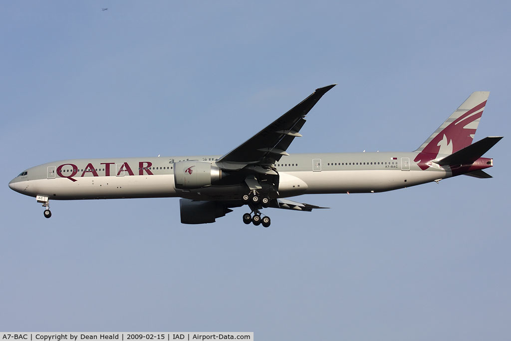 A7-BAC, 2008 Boeing 777-3DZ/ER C/N 36010/731, Qatar Airways A7-BAC (FLT QTR51) from Doha Int'l (OTBD), Qatar on short-final to RWY 1R.