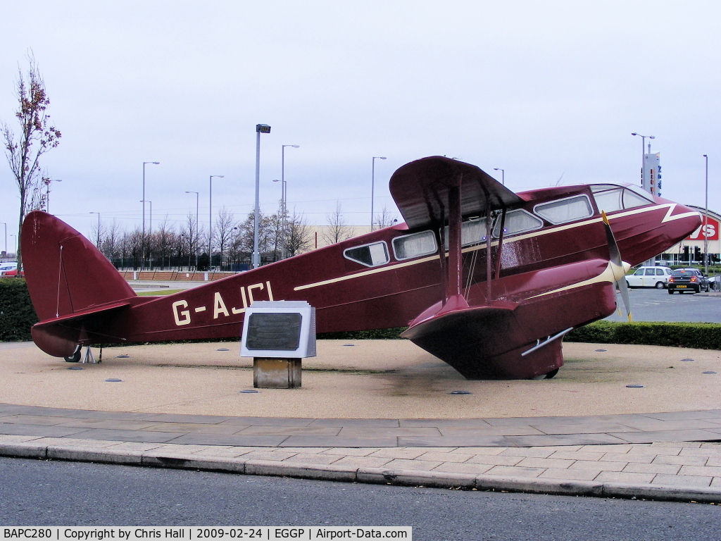 BAPC280, 1944 De Havilland DH-89A Rapide Replica C/N BAPC280, Replica of a Dragon Rapide on display in front of the old Liverpool Airport, it used to wear the reg number G-ANZP