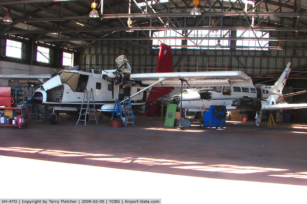 VH-ATO, 1979 GAF N22B Nomad C/N N22B-108, Believed to be the last airworthy GAF Nomand in Australia , VH-ATO and Cessna 404 VH-LAD receive maintenance at Hobart Cambridge
