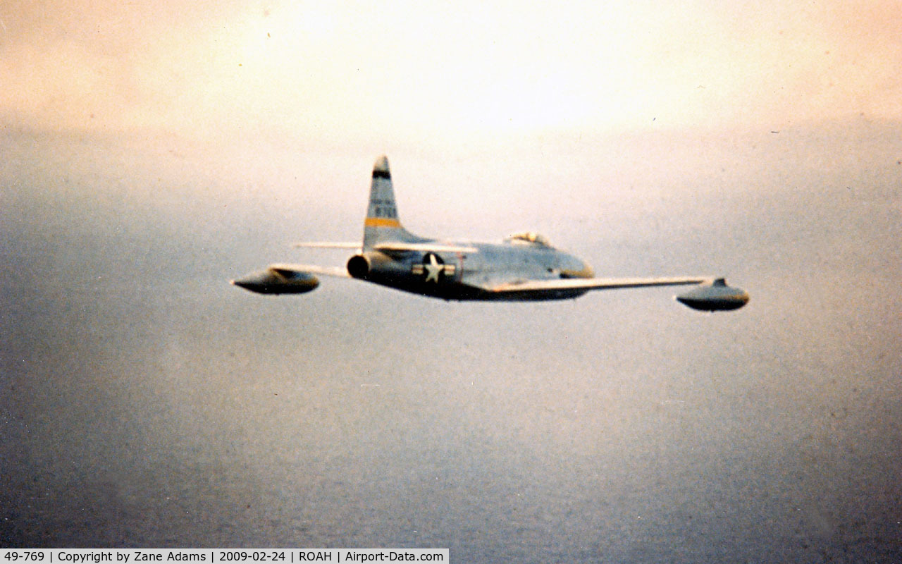 49-769, 1949 Lockheed P-80C Shooting Star C/N 080-2517, F-80 Shooting Star of the 26th FIS on patrol over Okinawa 1952 - photo by unknow pilot on request of John Van Dyke from my collection inherited from the late Mr. Van Dyke