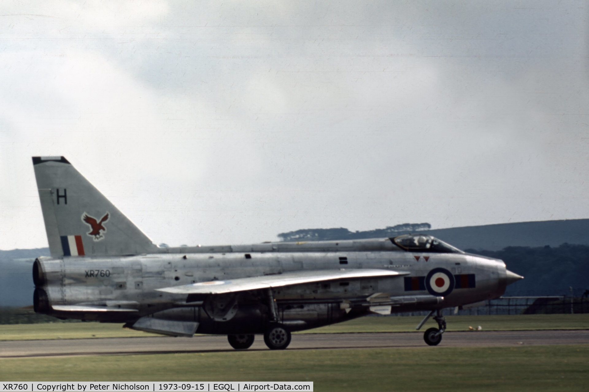 XR760, 1965 English Electric Lightning F.6 C/N 95225, Lightning F.6 of 23 Squadron at the 1973 Leuchars Airshow.