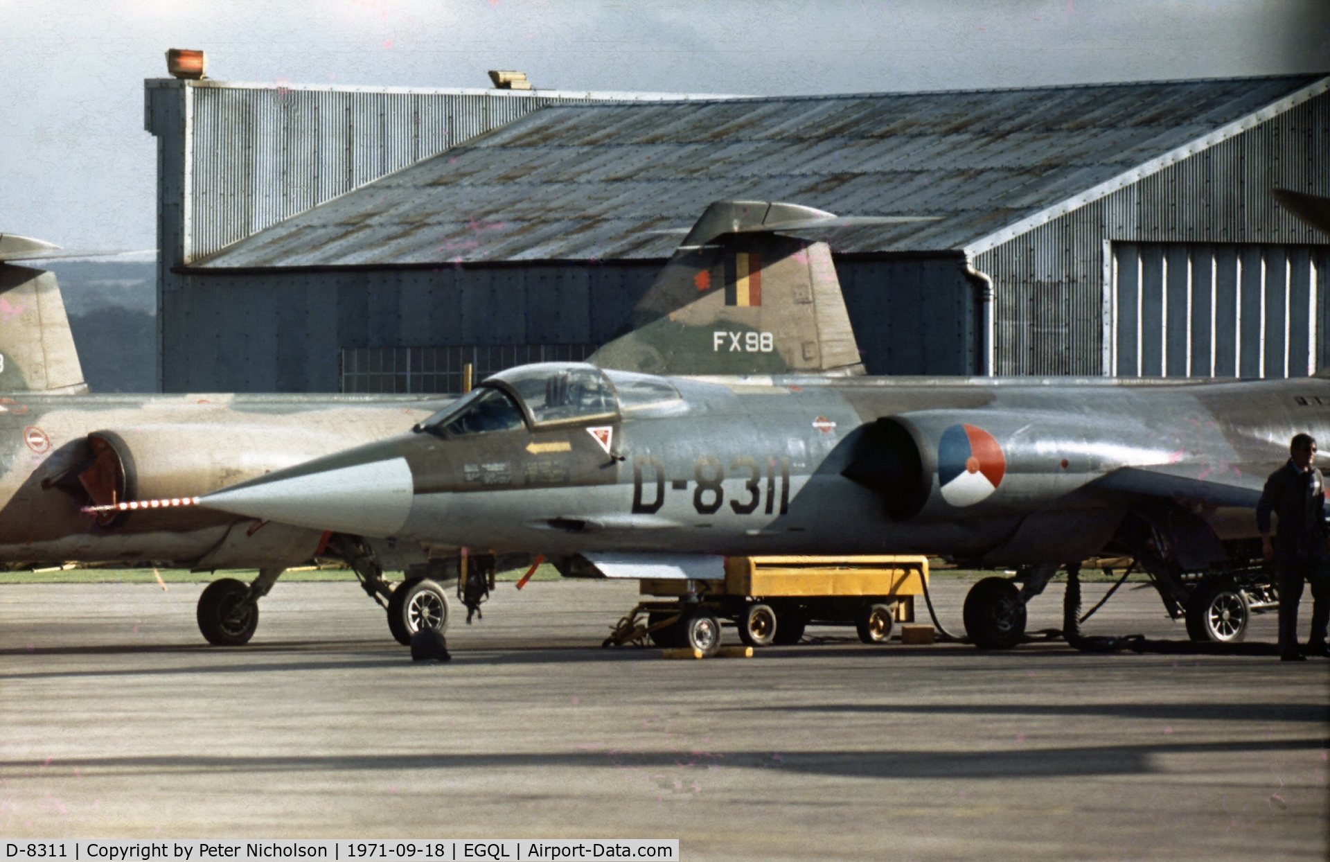 D-8311, Lockheed F-104G Starfighter C/N 683-8311, Royal Netherlands Air Force Starfighter of 322 Squadron on display at the 1971 Leuchars Airshow.