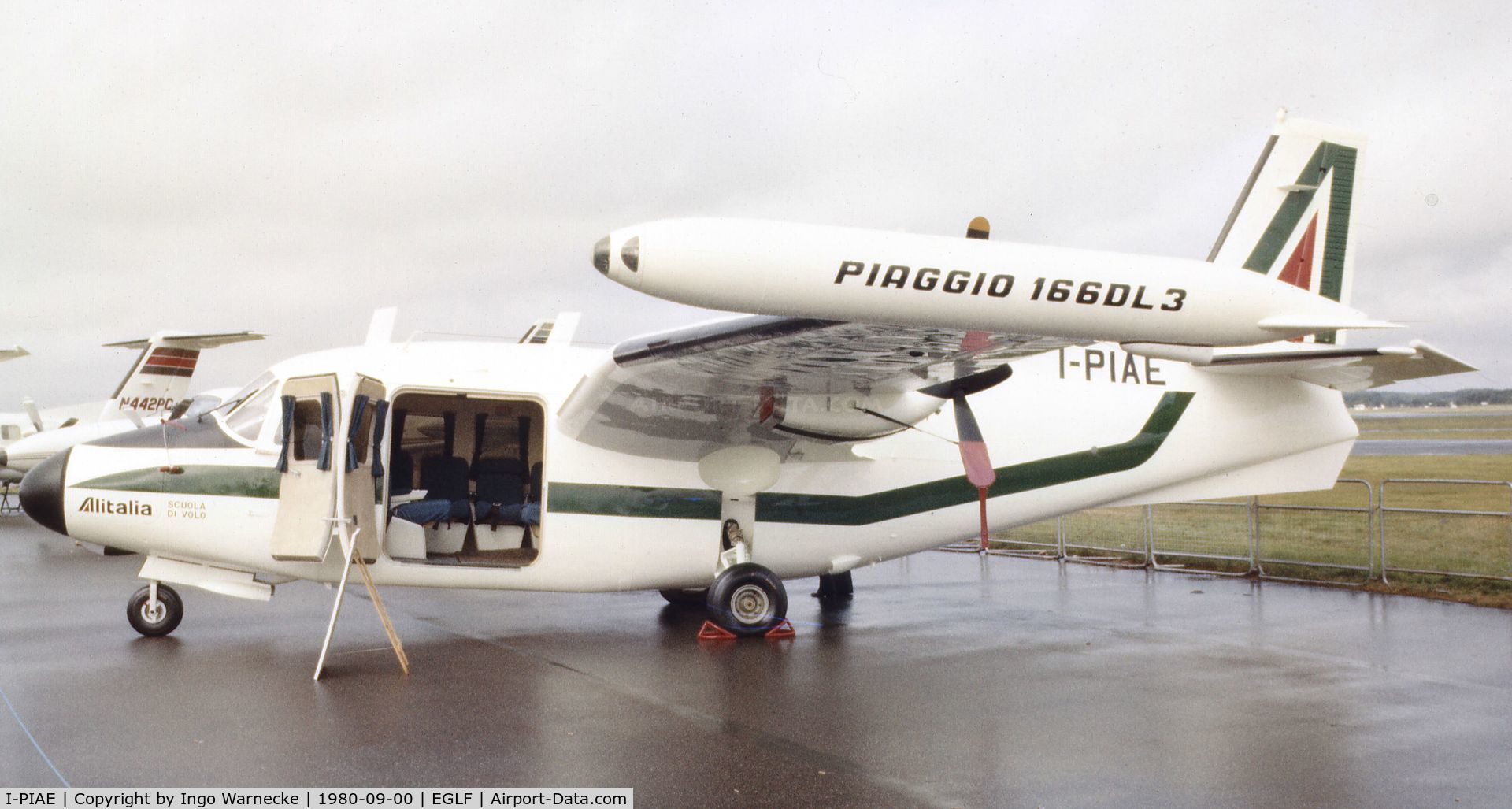 I-PIAE, 1978 Piaggio P-166DL-3 C/N 466, Piaggio P.166DL-3 of Alitalia Scuola di Volo (Flying School) at Farnborough International 1980