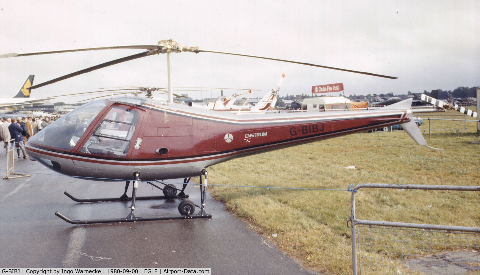 G-BIBJ, 1980 Enstrom 280C Shark C/N 1187, Enstrom 280C at Farnborough International 1980