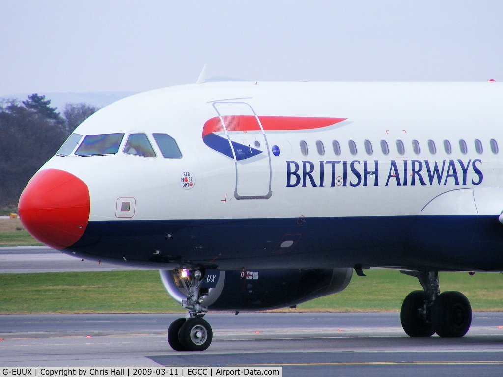 G-EUUX, 2008 Airbus A320-232 C/N 3550, British Airways, wearing a Red Nose for Comic Relief