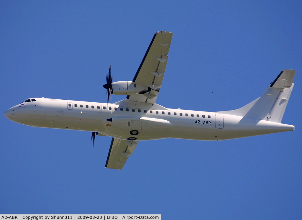 A2-ABR, 2008 ATR 72-212A C/N 786, First ATR72-500 for Air Botswana... unfortunately in all white c/s during take off on delivery flight.