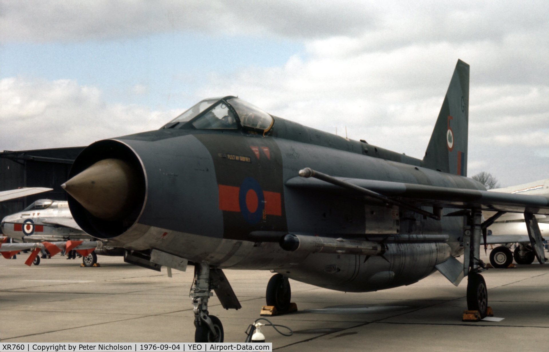 XR760, 1965 English Electric Lightning F.6 C/N 95225, Lightning F.6 of 5 Squadron in the static park at the 1976 Yeovilton Air Day.