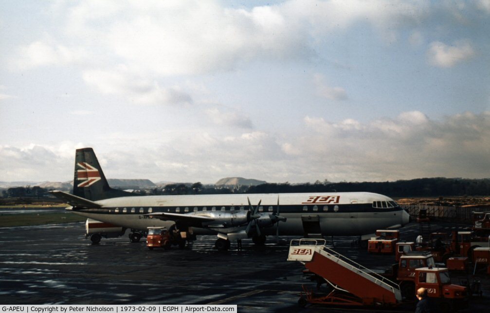 G-APEU, 1962 Vickers Vanguard 953 C/N 723, Vanguard of British European Airways at the old terminal of Edinburgh Airport in 1973.