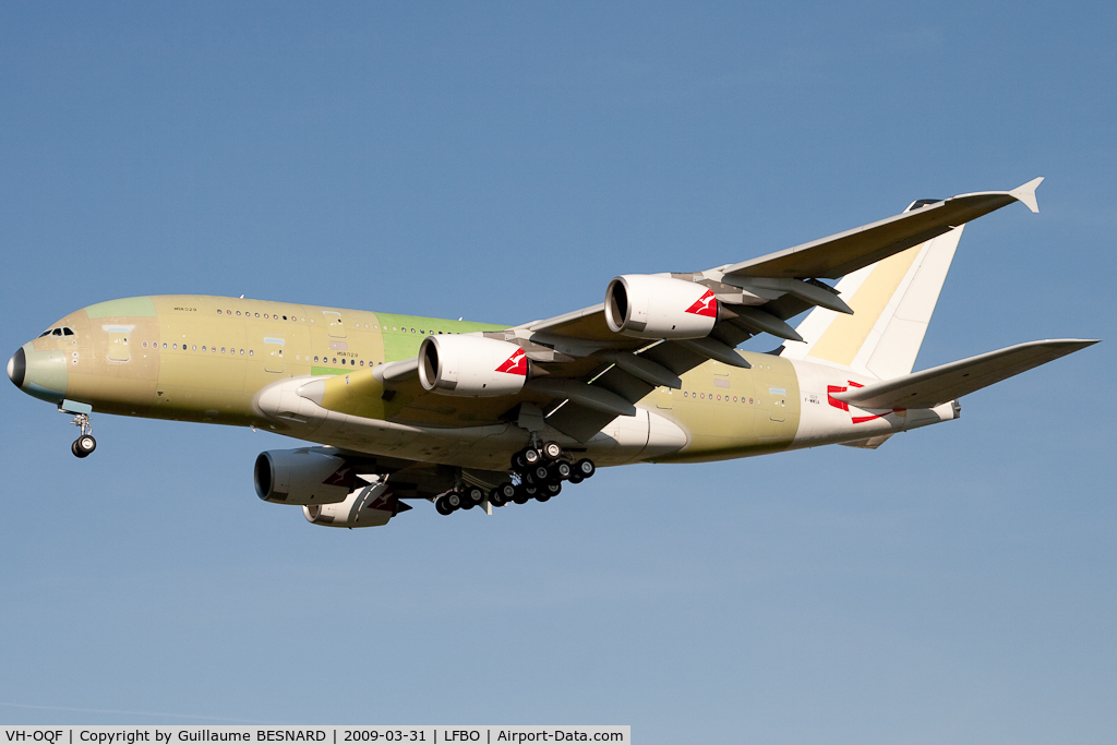VH-OQF, 2009 Airbus A380-842 C/N 029, New A380 for Qantas. Test reg is F-WWSA
