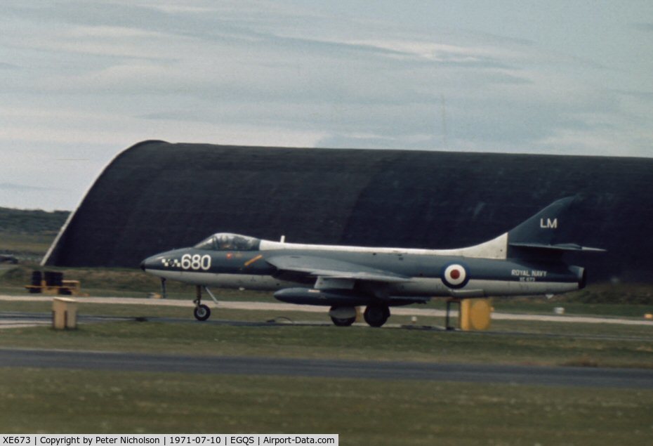 XE673, 1955 Hawker Hunter GA.11 C/N HABL-003016, Hunter GA.11 of 764 Squadron at the 1971 RNAS Lossiemouth Open Day.