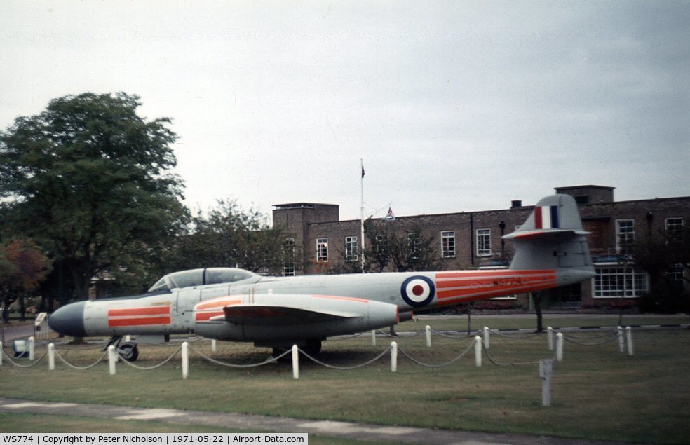 WS774, 1954 Gloster Meteor NF(T).14 C/N Not found WS774, Meteor NF(T).14 as gate guardian at the RAF Hospital, Ely in the Summer of 1971.