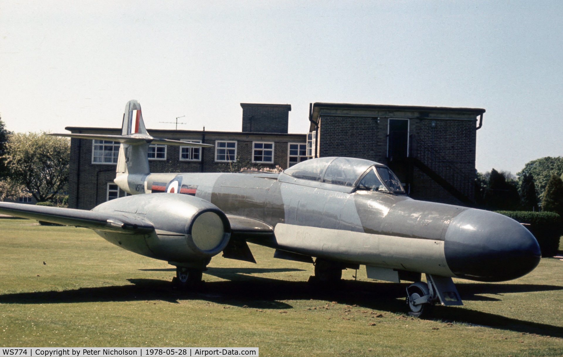 WS774, 1954 Gloster Meteor NF(T).14 C/N Not found WS774, When seen in the Summer of 1978 at the RAF Hospital, Ely this gate guardian was in different markings.