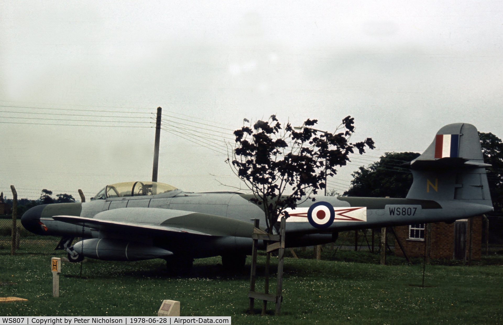 WS807, 1954 Gloster Meteor NF(T).14 C/N Not found WS807, Another view of the gate guardian, in 46 Squadron markings, at RAF Watton in the Summer of 1978.