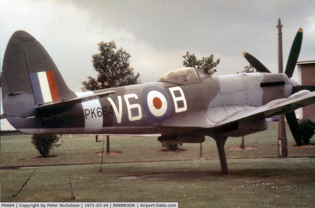 PK664, Supermarine 356 Spitfire F.22 C/N CBAF.217, Spitfire F.22 in markings of 615 Squadron as gate guardian at RAF Binbrook in the Spring of 1971.