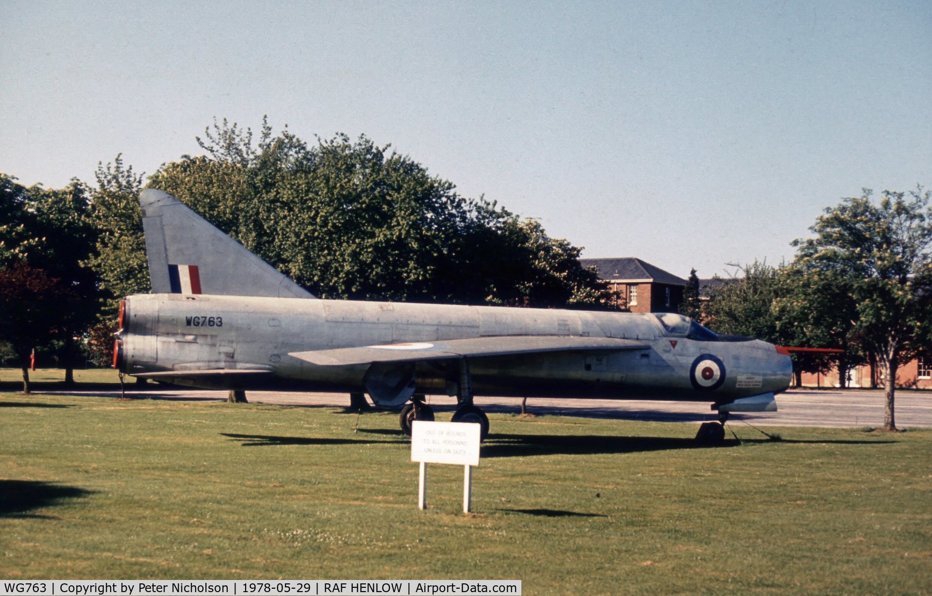 WG763, 1955 English Electric P.1A C/N 95003, English Electric P.1A WG 763 was a gate guardian at RAF Henlow in 1978.