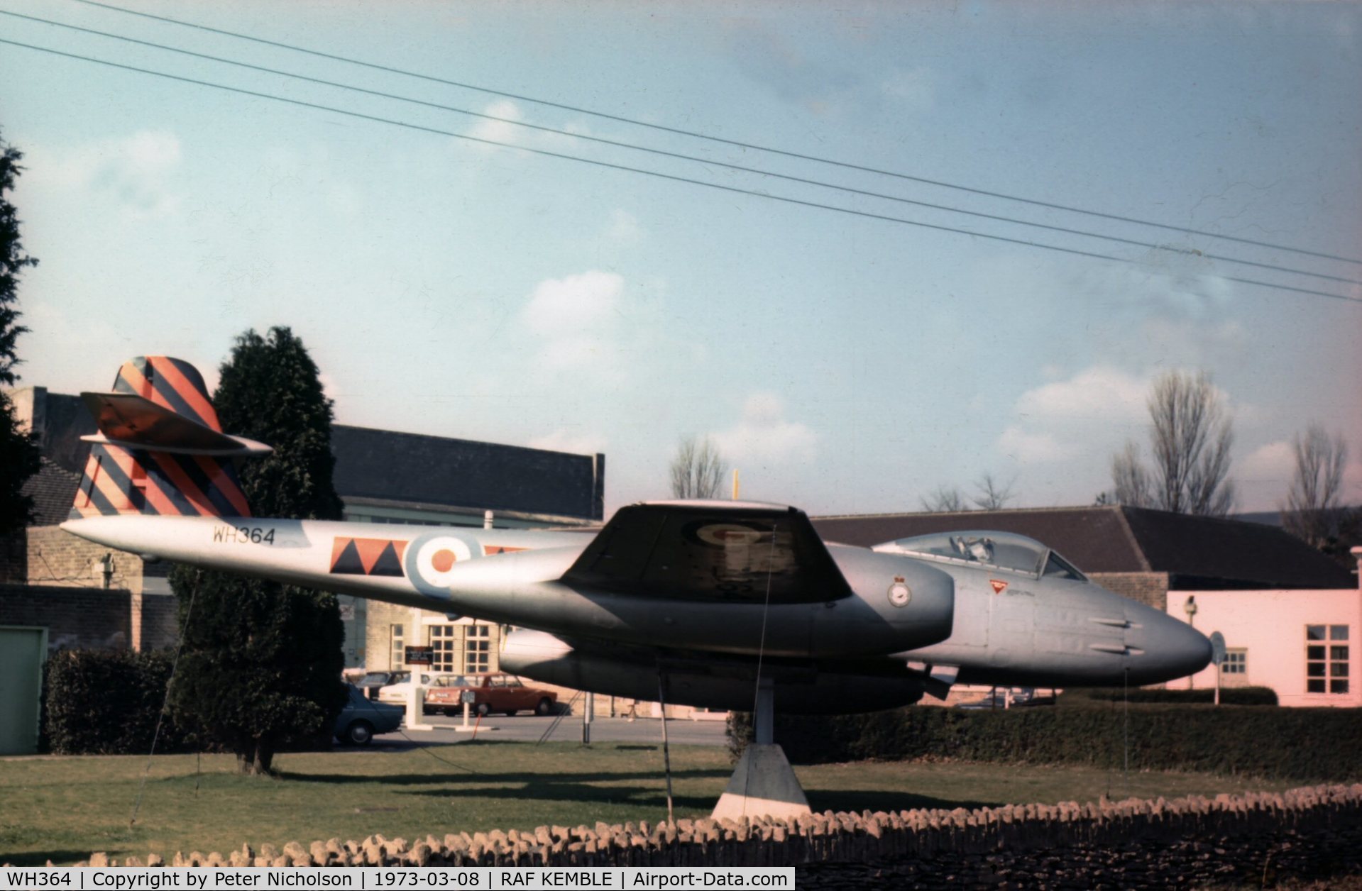 WH364, Gloster Meteor F.8 C/N Not found WH364, In 1973 this Meteor F.8 was a gate guardian at No.5 Maintenance Unit at RAF Kemble.