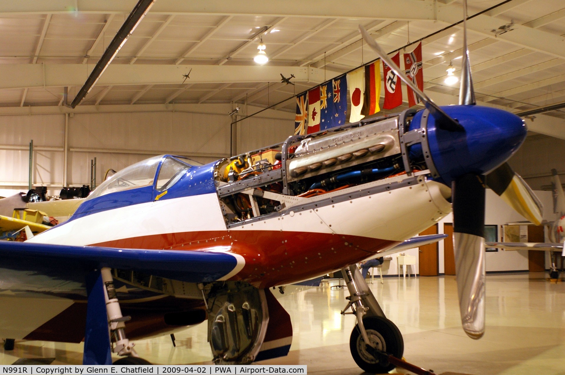 N991R, 1993 North American P-51D Mustang C/N 122-41076, Merlin open for maintenance, at the Oklahoma Museum of Flying