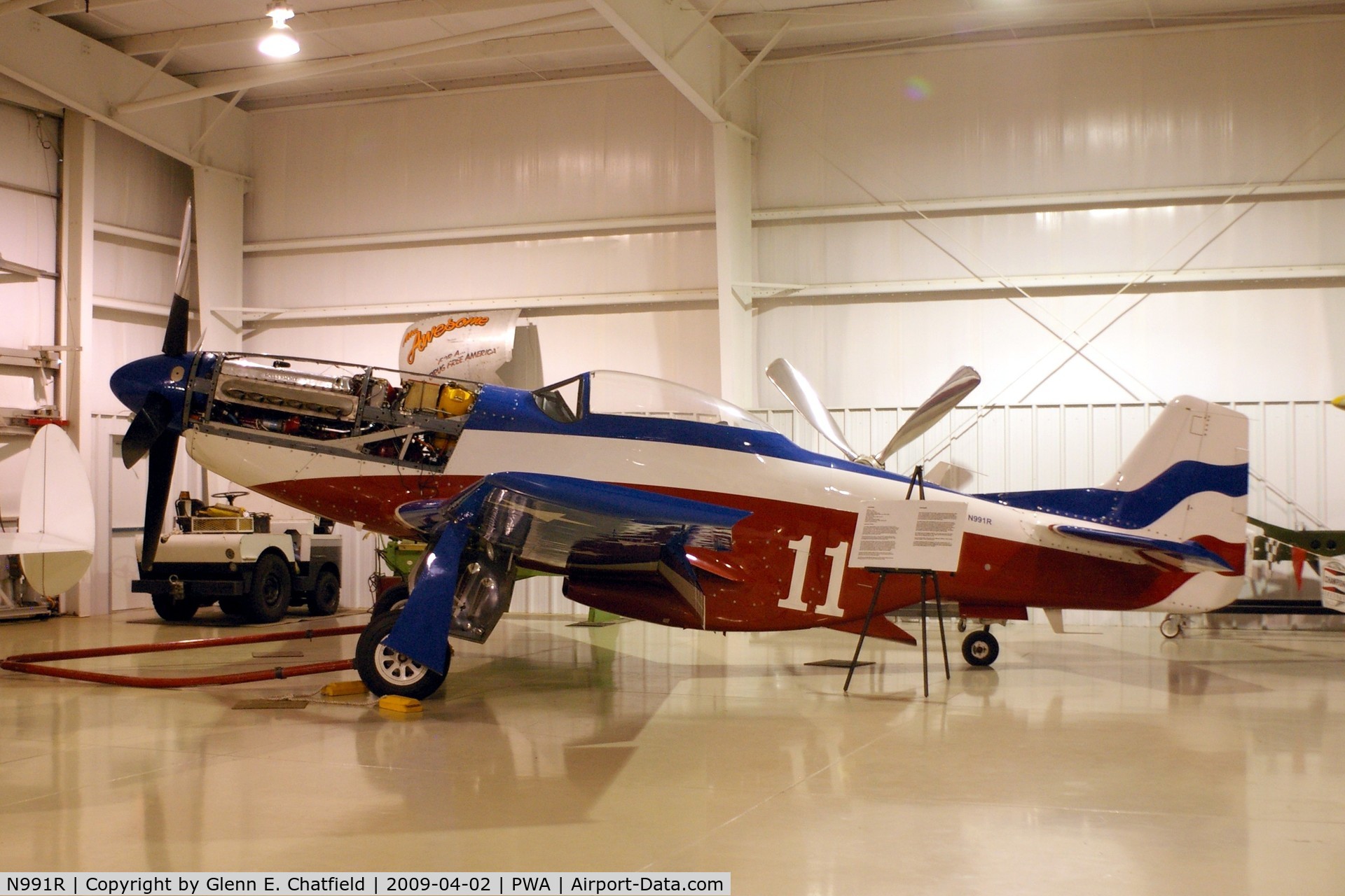 N991R, 1993 North American P-51D Mustang C/N 122-41076, Merlin open for maintenance, at the Oklahoma Museum of Flying