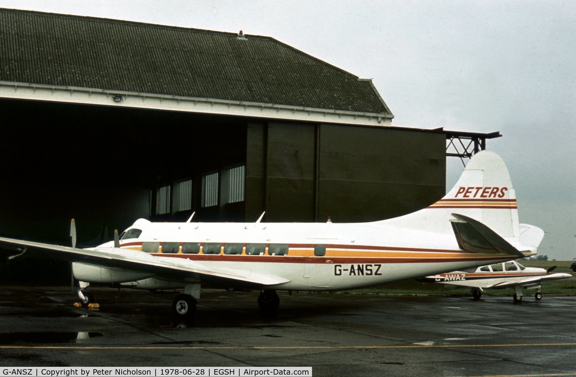 G-ANSZ, 1954 De Havilland DH-114 Heron 1B C/N 14047, In 1978 this was one of four Herons operated by Peters Aviation on general charter services at Norwich Airport.