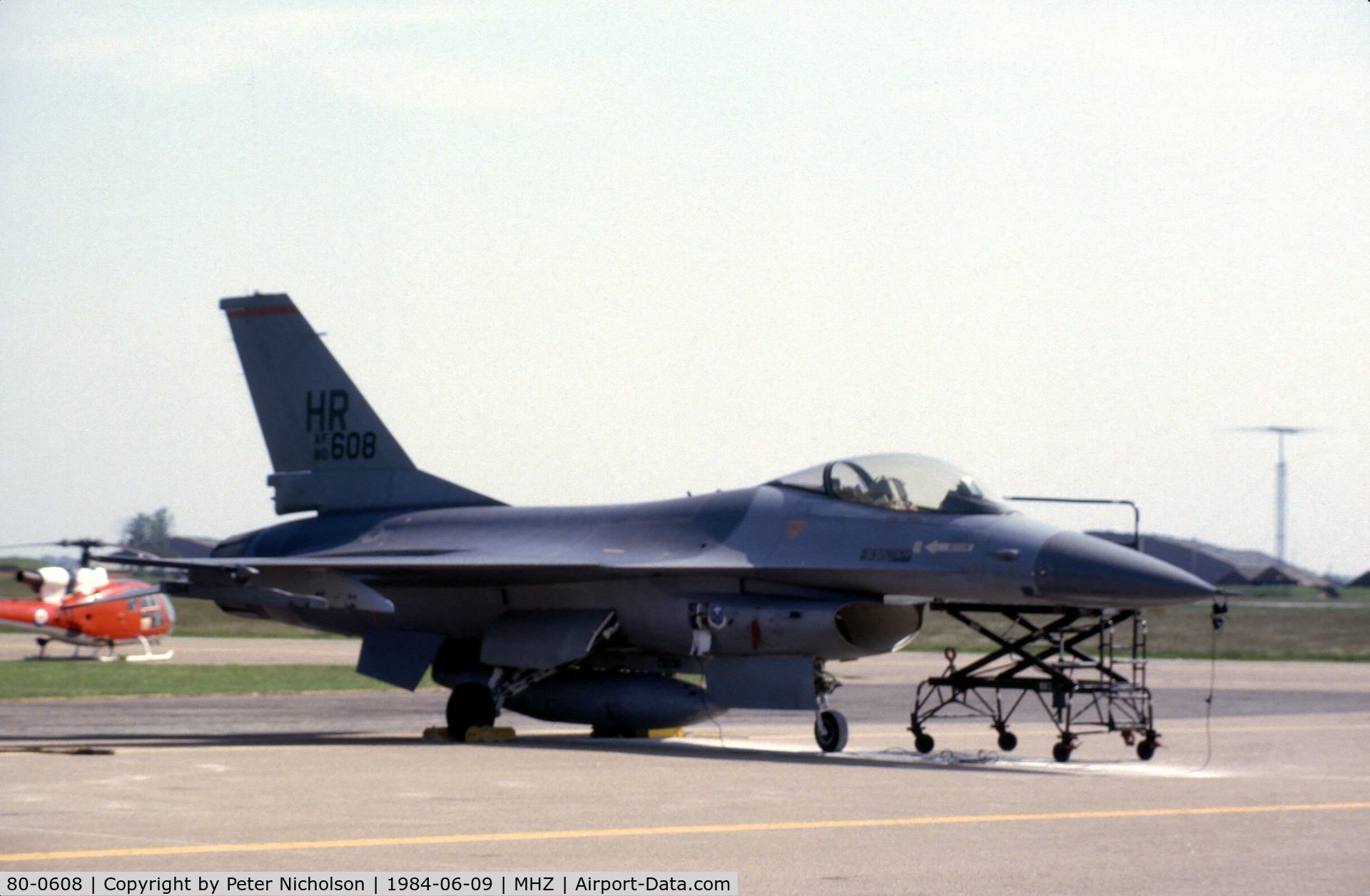 80-0608, 1980 General Dynamics F-16A Fighting Falcon C/N 61-329, F-16A Falcon of 496 Tactical Fighter Squadron/56 Tactical Fighter Wing at the 1984 RAF Mildenhall Air Fete.