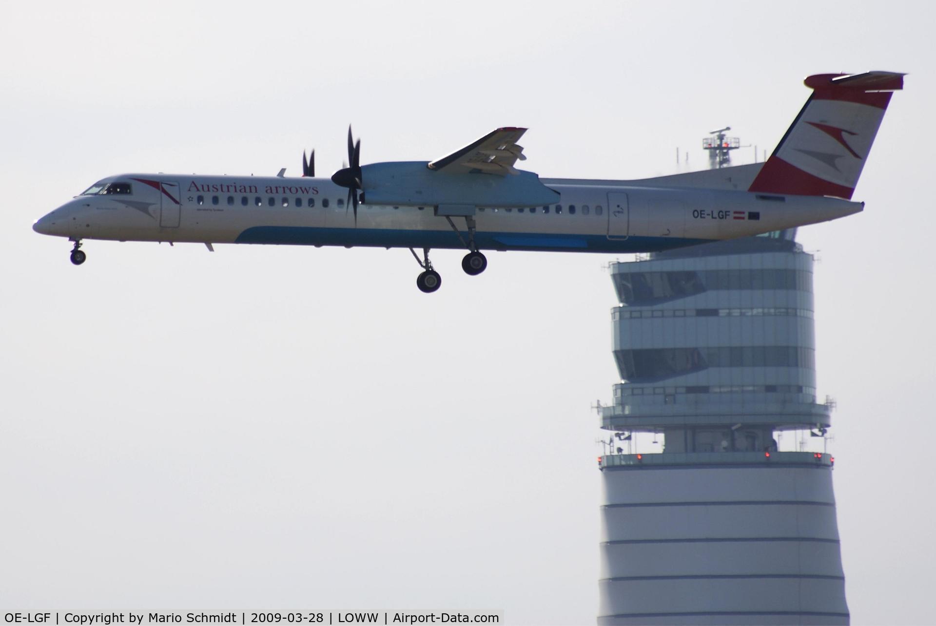 OE-LGF, 2002 De Havilland Canada DHC-8-402Q Dash 8 C/N 4068, landing on runway 16