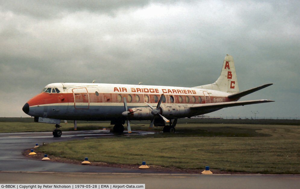 G-BBDK, 1958 Vickers Viscount 808 C/N 291, Viscount 808C of Air Bridge Carriers based at East Midlands Airport in May 1979.