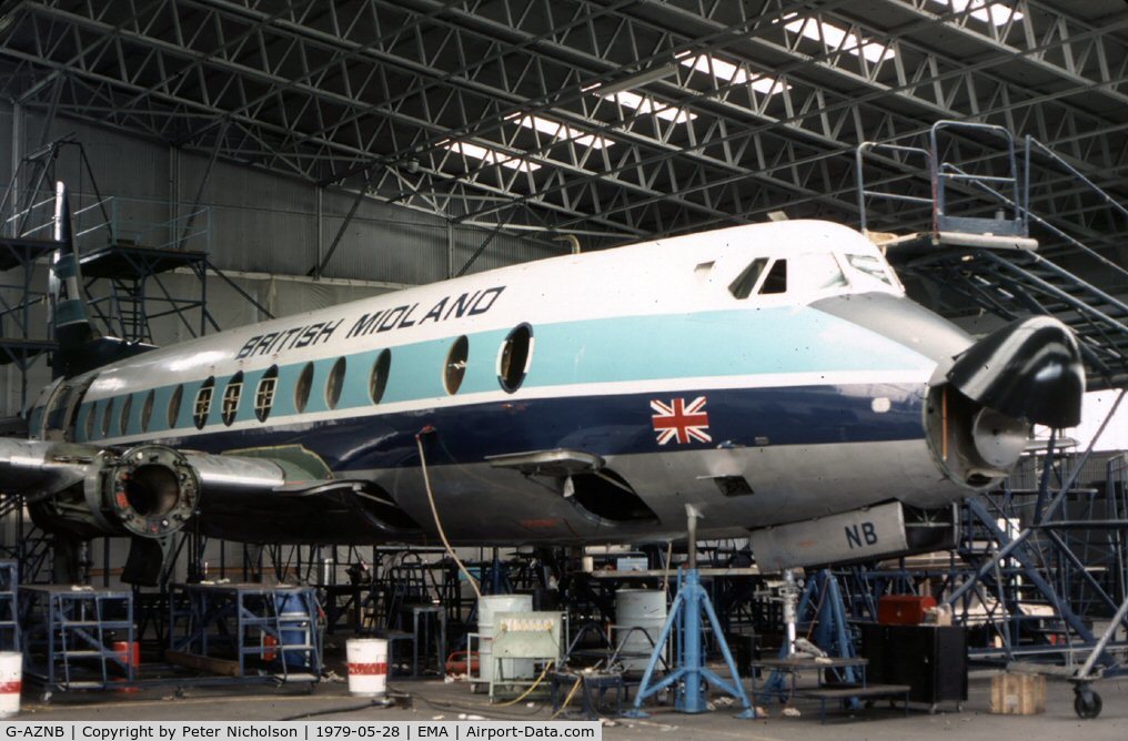 G-AZNB, 1959 Vickers Viscount 813 C/N 351, Viscount 813 of British Midland Airways undergoing maintenance at East Midlands Airport in May 1979.