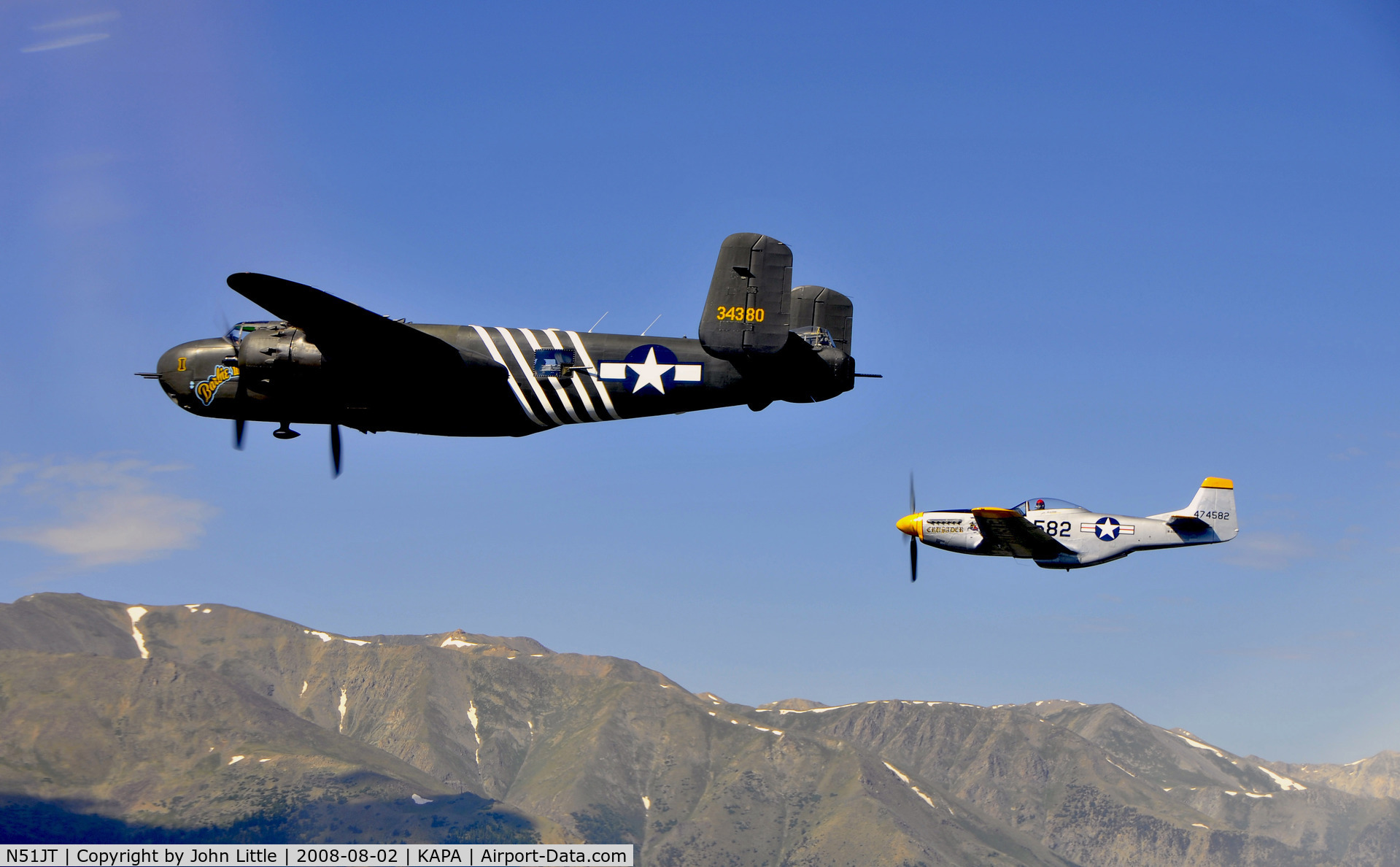 N51JT, 1946 North American P-51D Mustang C/N 122-41122 (44-74582), Air to Air P-51 and B-25H over the Divide