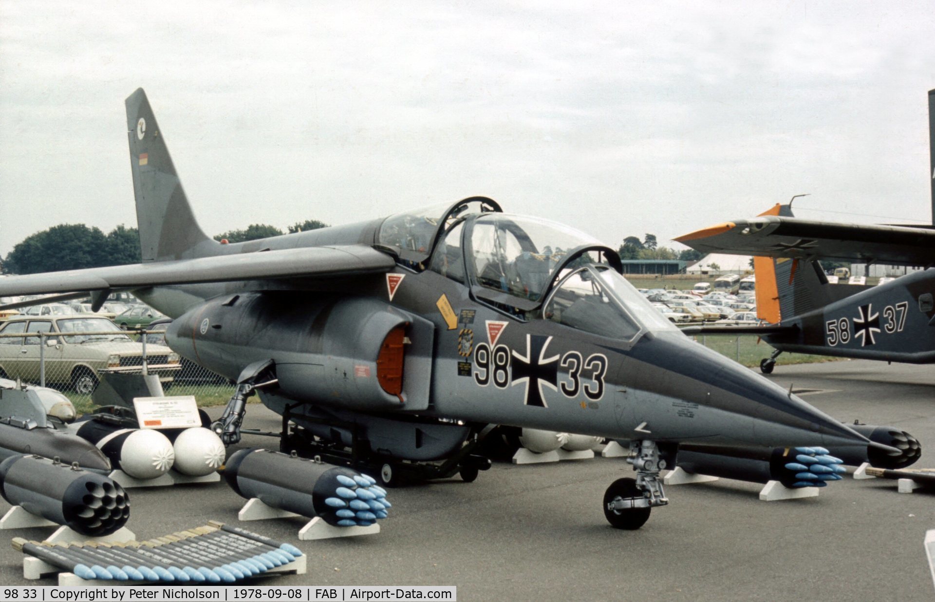 98 33, Dassault-Dornier Alpha Jet A C/N 0001, Another photograph of the first production Alpha Jet for the Luftwaffe in the static park at the 1978 Farnborough Airshow.