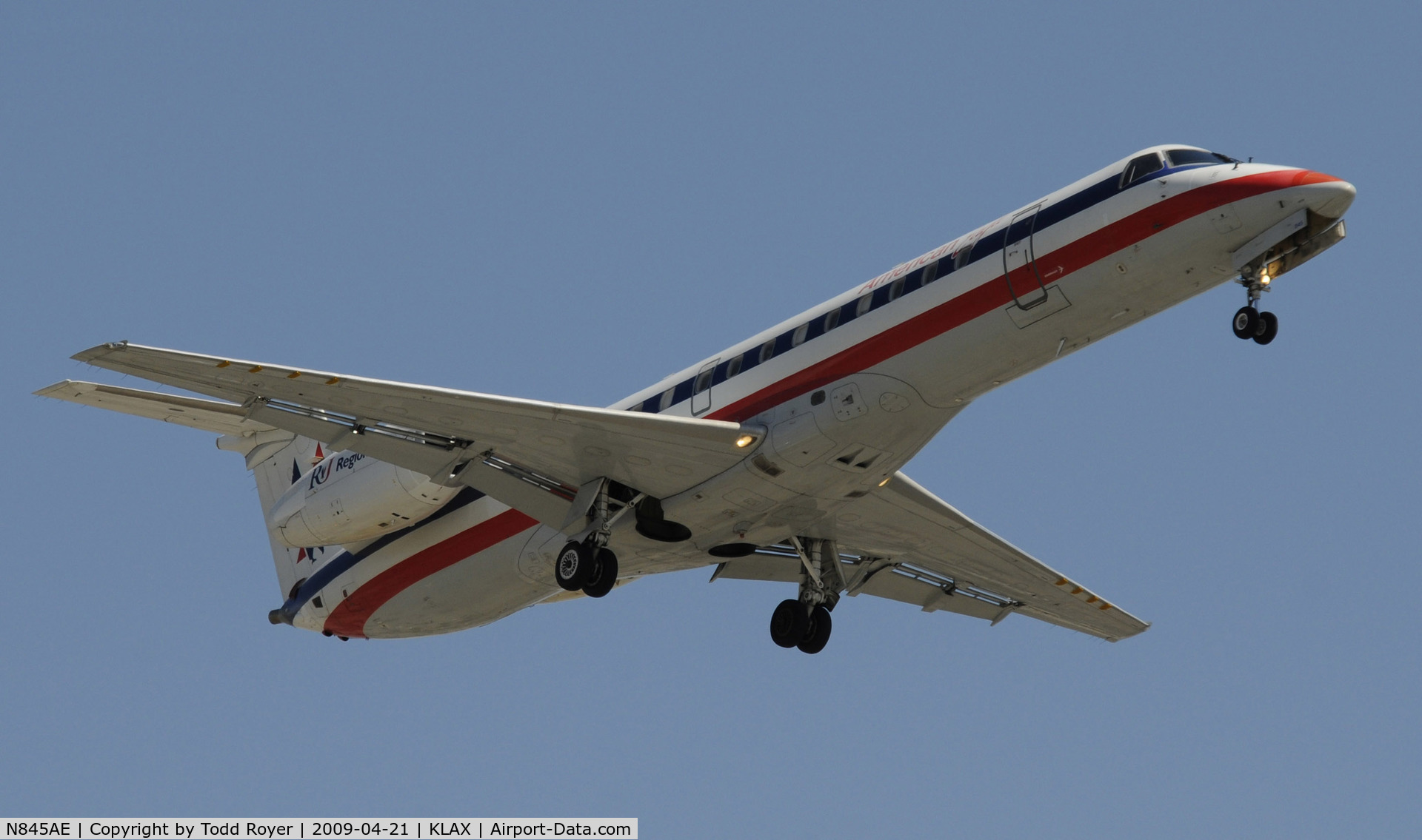 N845AE, 2003 Embraer ERJ-140LR (EMB-135KL) C/N 145685, Landing 24R at LAX