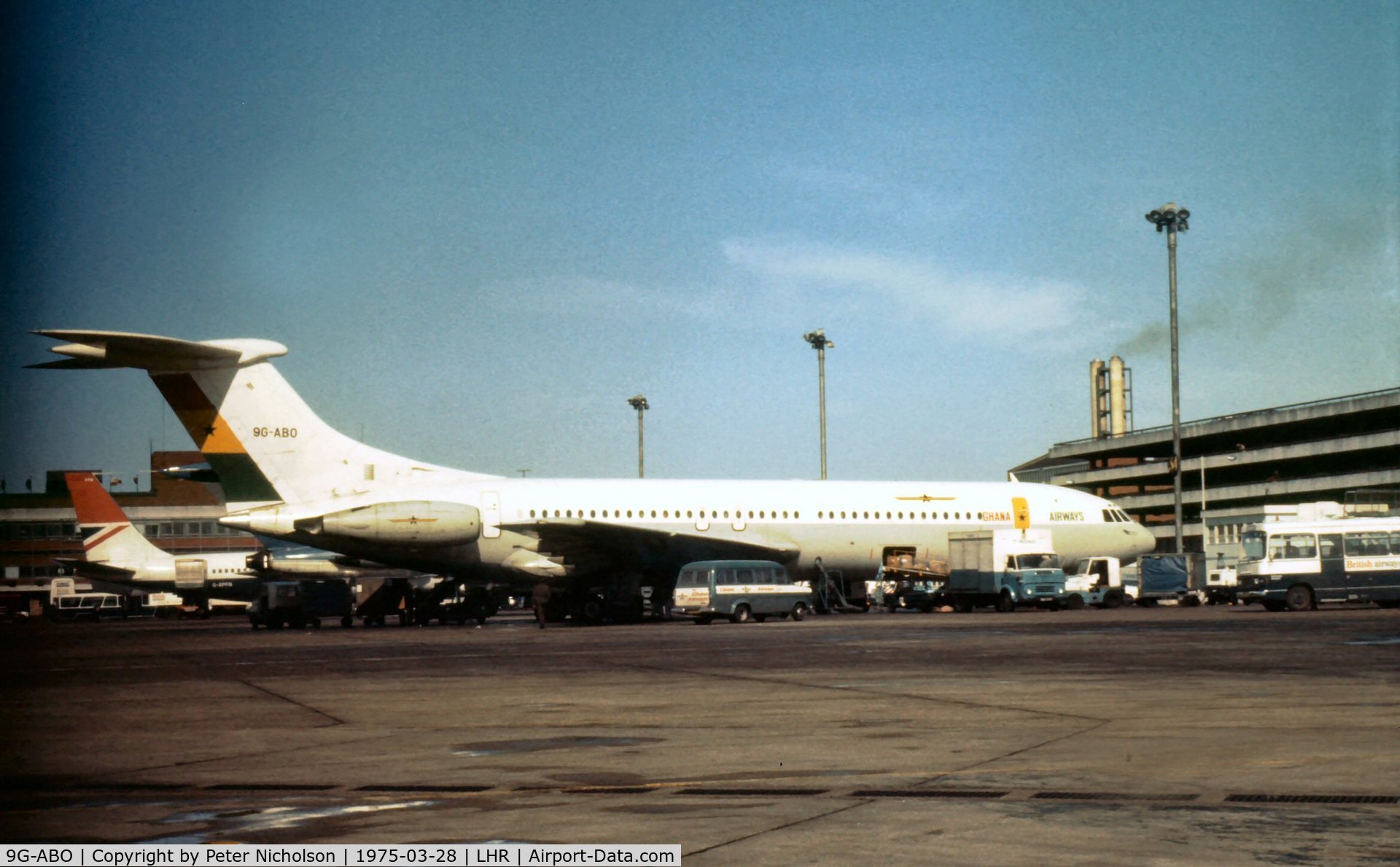 9G-ABO, 1964 Vickers VC10 Srs 1102 C/N 823, VC-10 operated by Ghana Airways seen at Heathrow in the Spring of 1975.