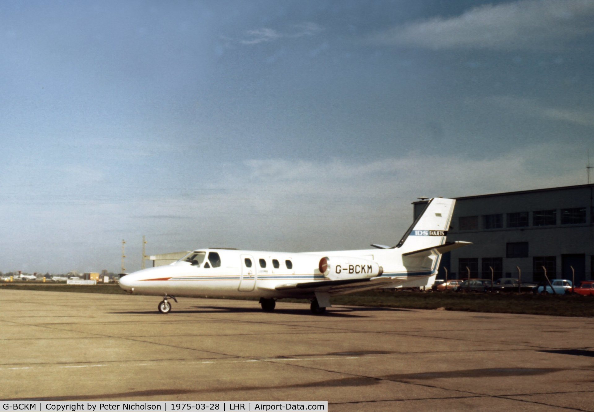 G-BCKM, 1974 Cessna 500 Citation C/N 500-0198, This Citation was parked at Heathrow in the Spring of 1975.