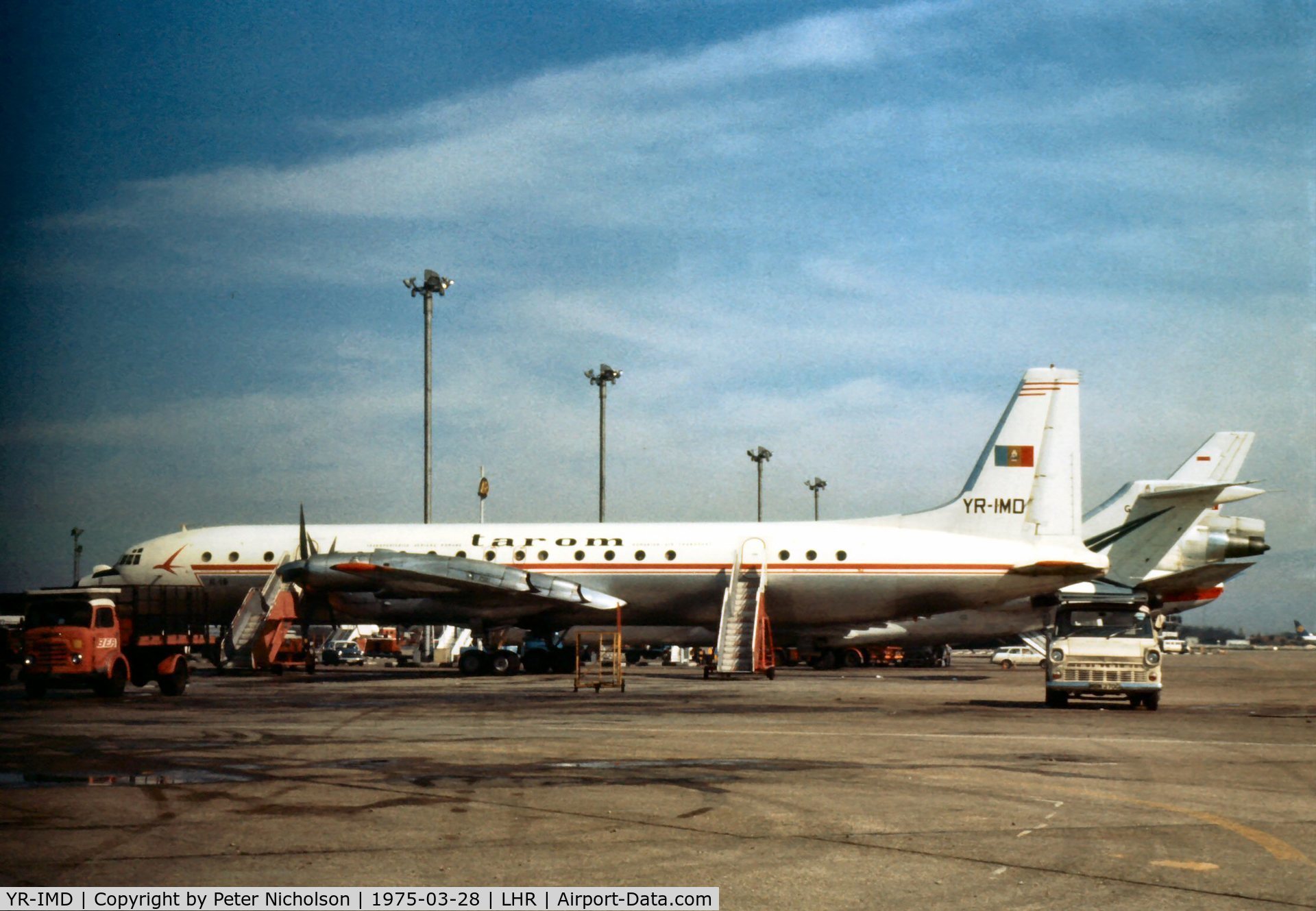 YR-IMD, 1962 Ilyushin IL-18V C/N 182004804, Ilyushin Il-18 of Tarom at Heathrow in the Spring of 1975.