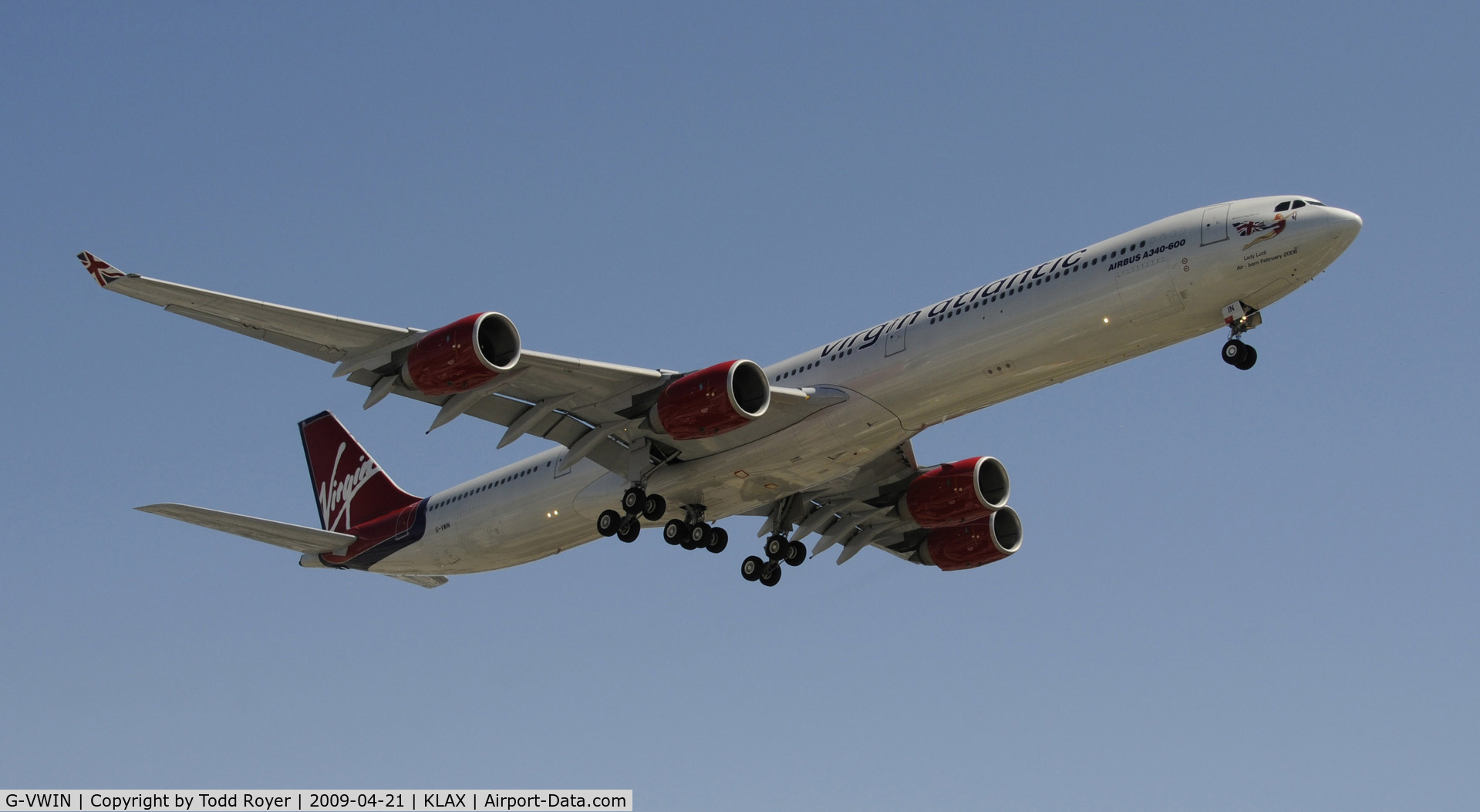 G-VWIN, 2006 Airbus A340-642 C/N 736, Landing 24R at LAX