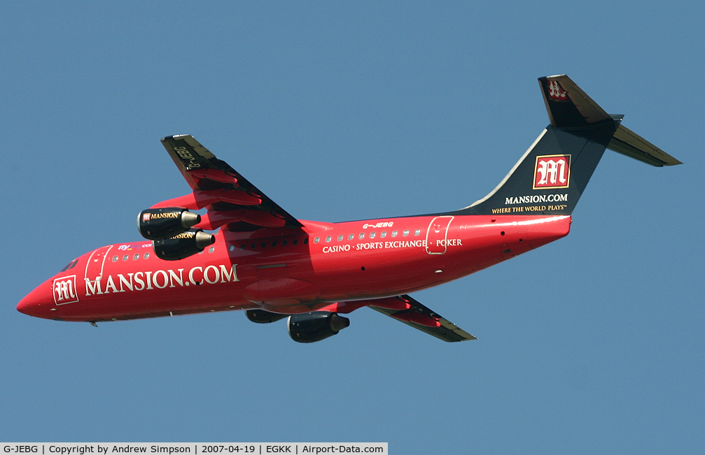 G-JEBG, 1992 British Aerospace BAe.146-300 C/N E3209, Flybe Special leaving LGW.