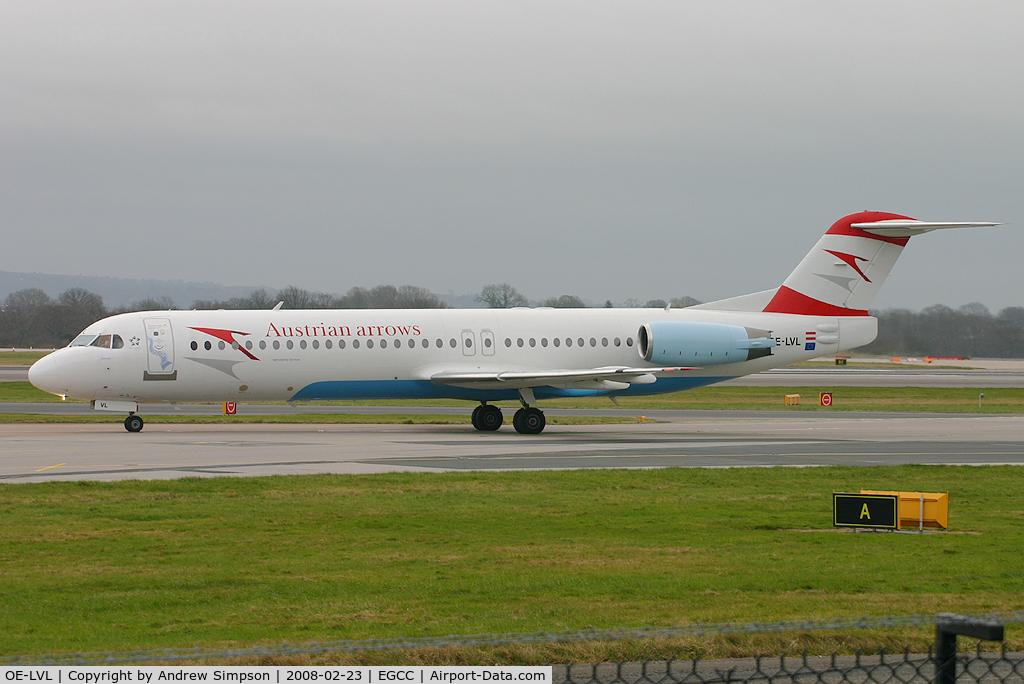 OE-LVL, 1992 Fokker 100 (F-28-0100) C/N 11404, Taxiiing to stand at Manchester.