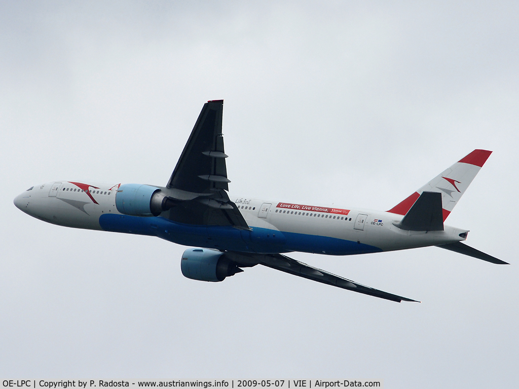 OE-LPC, 2002 Boeing 777-2Z9/ER C/N 29313, Taking off bound for NYC - note the Lifeballsticker on the fuselage